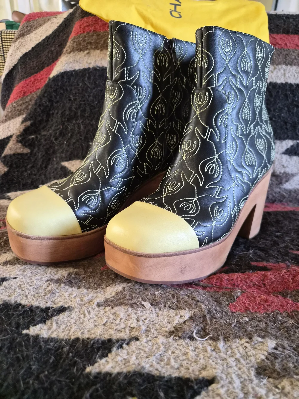 Charlotte Stone Black Embroidered Platform Ankle Boots with Cream Cap Toe